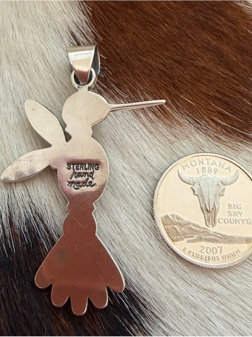 ❤️ Spiny Oyster, Kingman Turquoise Red Coral Hummingbird Navajo Sterling Pendant - Picture 6 of 12